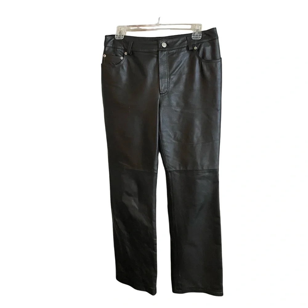 Newport News Leather Black Pant size 8 lined 5 pocket button zipper straight leg - Picture 3 of 15